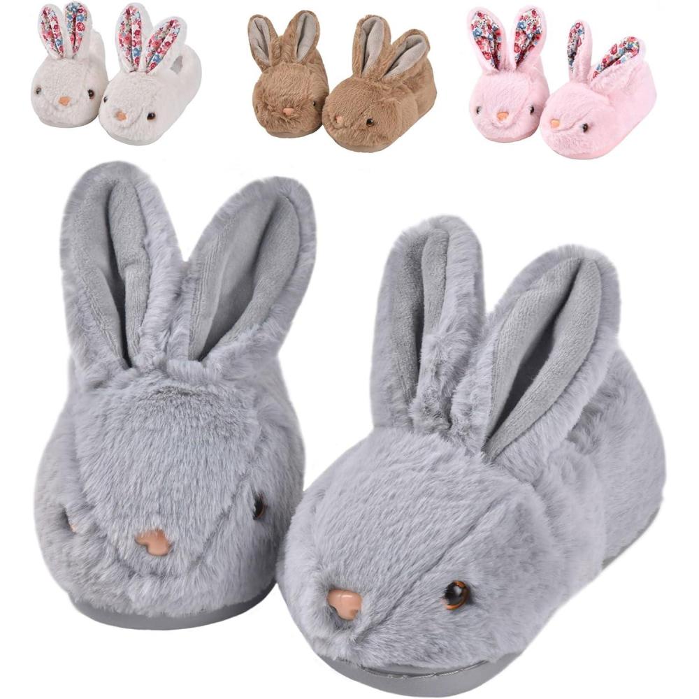 JACKSHIBO Toddler Slippers Boys Girls Little Kids Dinosaur House Shoes Cute Bunny Slipper for Home Indoor Winter Bedroom Non Slip Soft Plush Rabbit Warm Shoes(Bunny Grey)