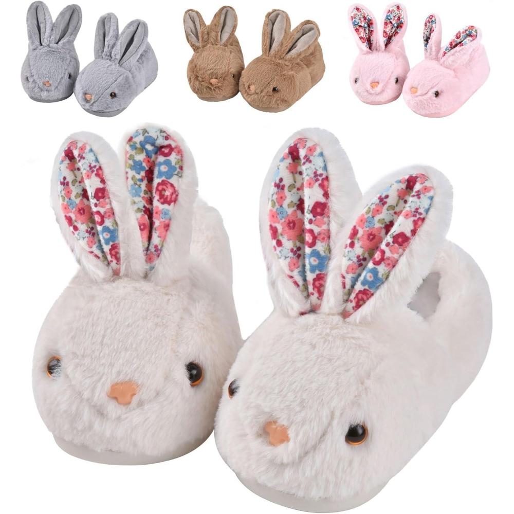 JACKSHIBO Toddler Slippers Boys Girls Little Kids Dinosaur House Shoes Cute Bunny Slipper for Home Indoor Winter Bedroom Non Slip Soft Plush Rabbit Warm Shoes(Bunny White)