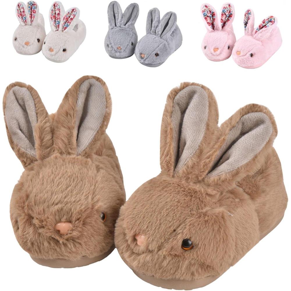 JACKSHIBO Toddler Slippers Boys Girls Little Kids Dinosaur House Shoes Cute Bunny Slipper for Home Indoor Winter Bedroom Non Slip Soft Plush Rabbit Warm Shoes(Bunny Brown)