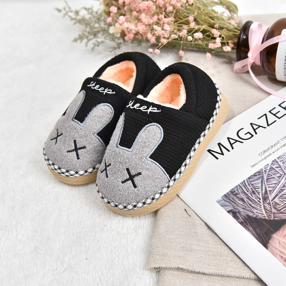 JACKSHIBO Toddler Slippers Boys Girls Little Kids Dinosaur House Shoes Cute Bunny Slipper for Home Indoor Winter Bedroom Non Slip Soft Plush Rabbit Warm Shoes(1720-rabbit Black)