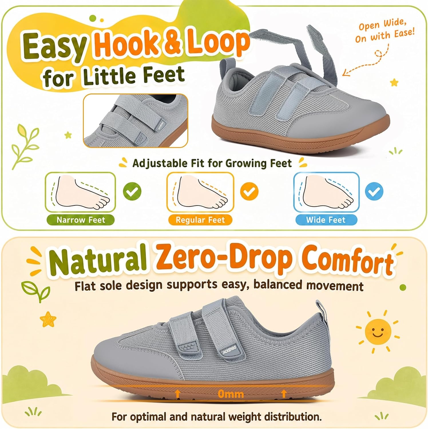 JACKSHIBO Toddler Barefoot Shoes for Boys Wide Toe Box Zero Drop Sneakers | Minimalist, Breathable Mesh, Lightweight, Rubber Sole, Easy On and Off, Flexible, Closed Toe, School, Running Walking Tennis(Barefoot Shoes Grey)