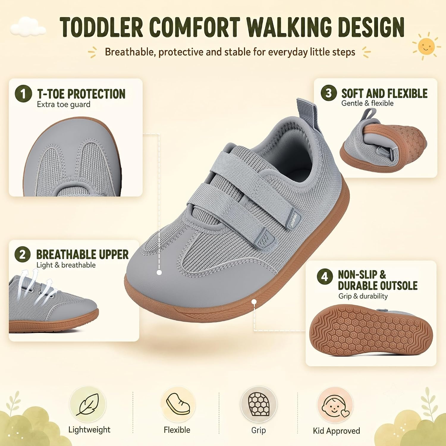 JACKSHIBO Toddler Barefoot Shoes for Boys Wide Toe Box Zero Drop Sneakers | Minimalist, Breathable Mesh, Lightweight, Rubber Sole, Easy On and Off, Flexible, Closed Toe, School, Running Walking Tennis(Barefoot Shoes Grey)