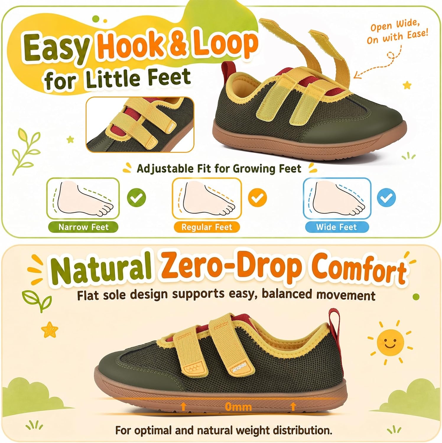 JACKSHIBO Toddler Barefoot Shoes for Boys Wide Toe Box Zero Drop Sneakers | Minimalist, Breathable Mesh, Lightweight, Rubber Sole, Easy On and Off, Flexible, Closed Toe, School, Running Walking Tennis(Barefoot Shoes Green)