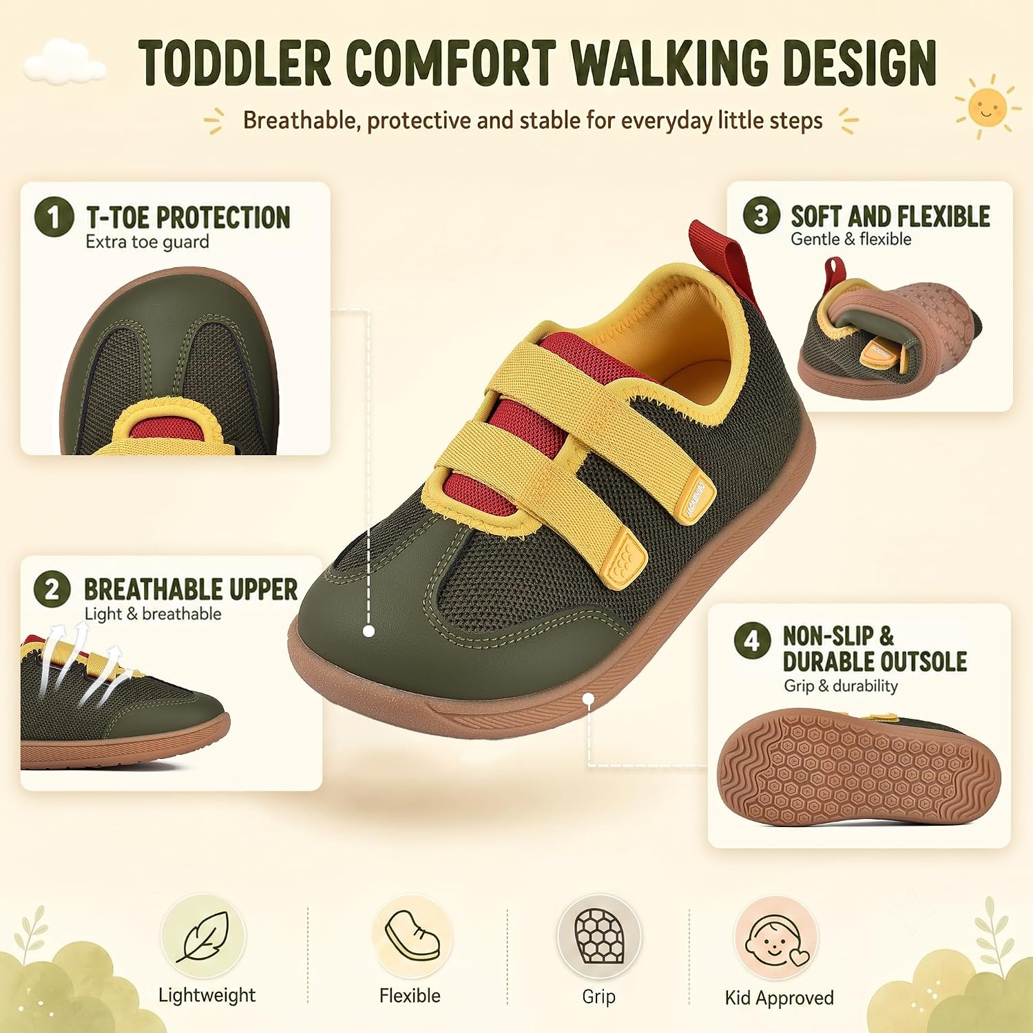JACKSHIBO Toddler Barefoot Shoes for Boys Wide Toe Box Zero Drop Sneakers | Minimalist, Breathable Mesh, Lightweight, Rubber Sole, Easy On and Off, Flexible, Closed Toe, School, Running Walking Tennis(Barefoot Shoes Green)