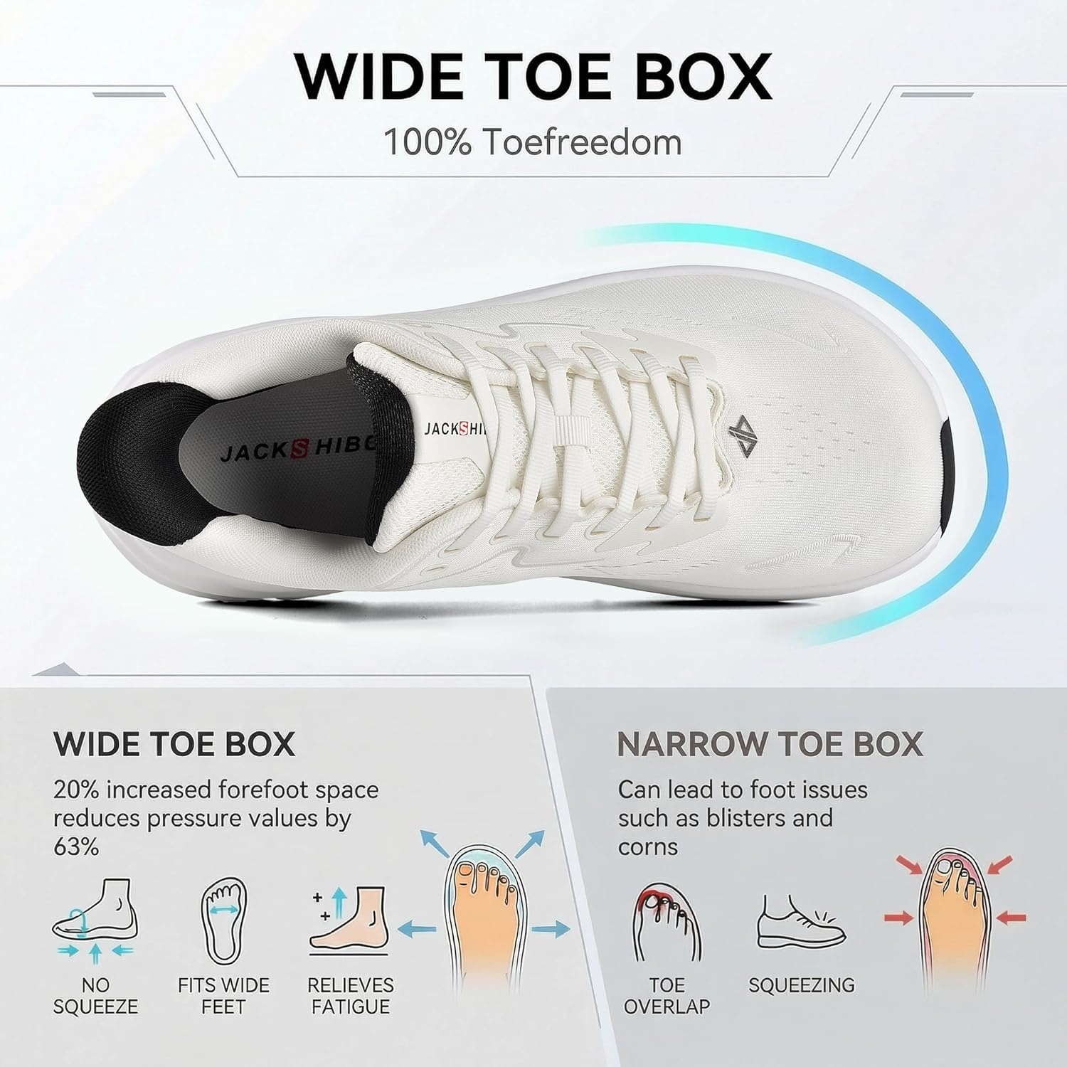 JACKSHIBO Men’s Wide Toe Box Sneakers, Zero Drop Slip On Hands Free with Arch Support, Cushioned Shock Absorption for Gym Cross Training Wide Feet(White)