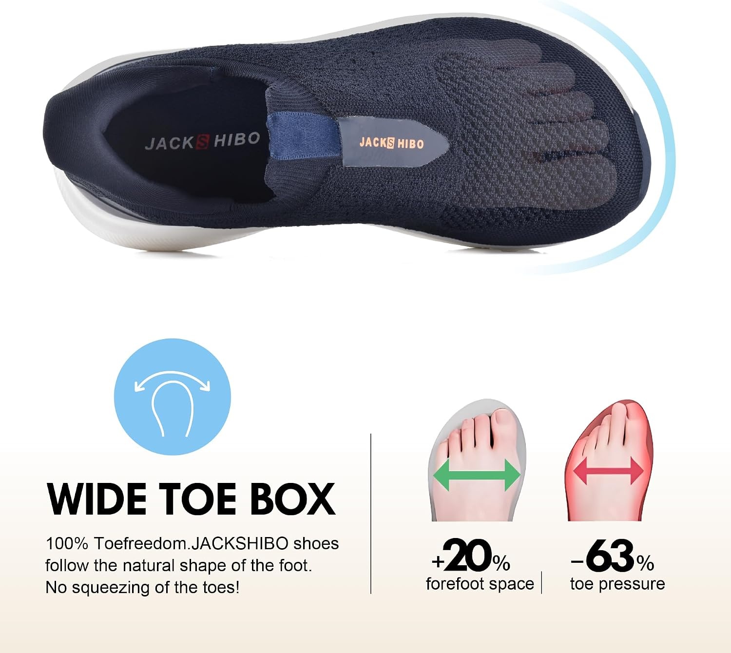 JACKSHIBO Men’s Wide Toe Box Sneakers, Zero Drop Slip On Hands Free with Arch Support, Cushioned Shock Absorption for Gym Cross Training Wide Feet(Navyblue)