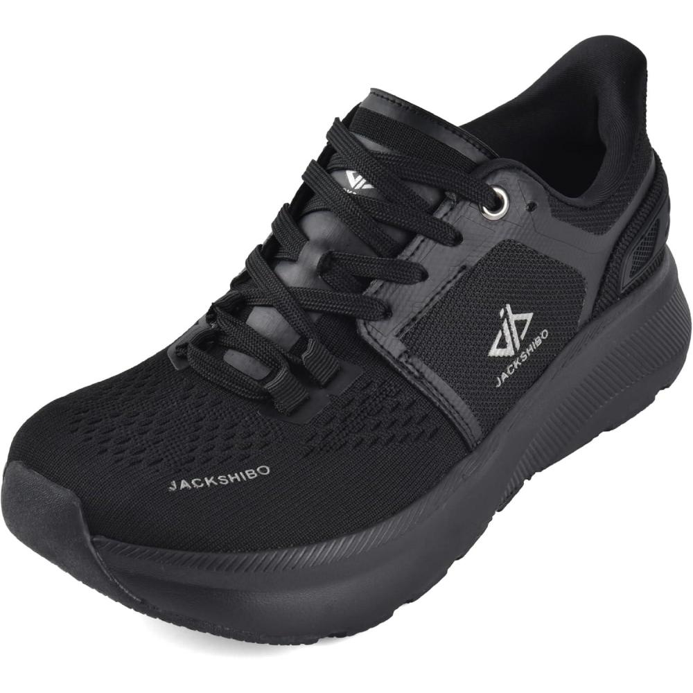 JACKSHIBO Mens Wide Toe Box Slip in Hands Free Shoes,Slip on Arch Support Wide Sneakers,Thick Cushioning Stability Running Shoes,Orthopedic Walking Sneakers(Allblack)