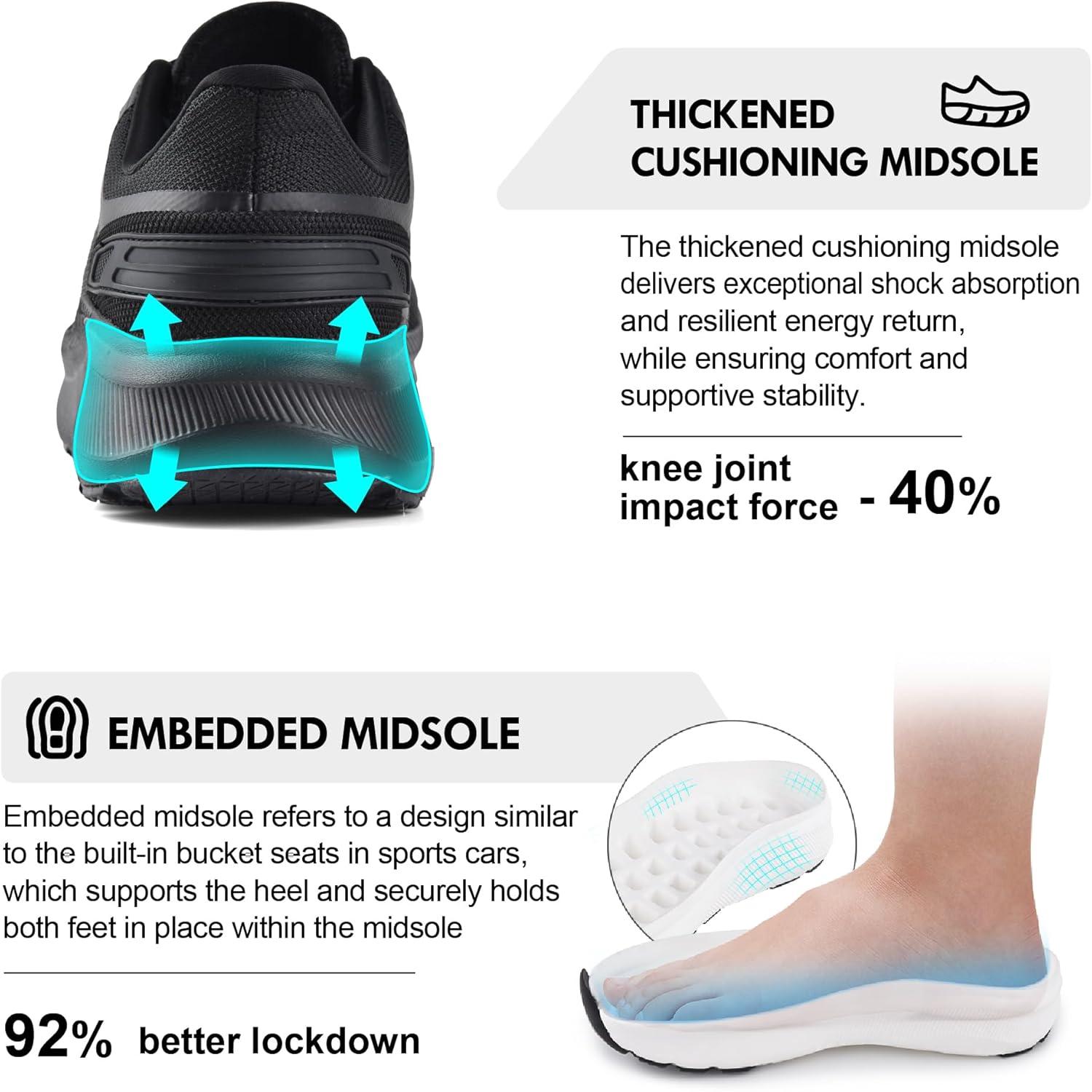 JACKSHIBO Mens Wide Toe Box Slip in Hands Free Shoes,Slip on Arch Support Wide Sneakers,Thick Cushioning Stability Running Shoes,Orthopedic Walking Sneakers(Allblack)