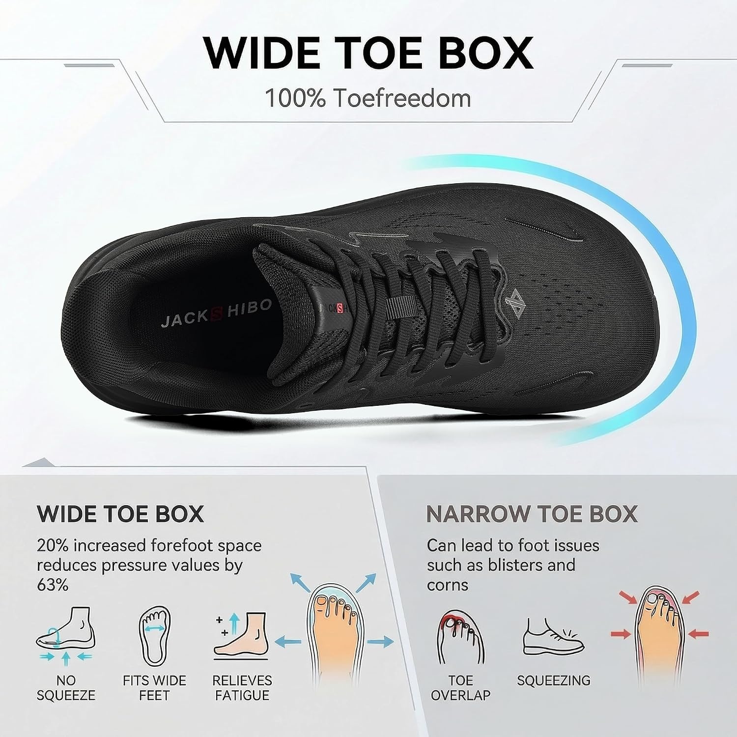 JACKSHIBO Men’s Wide Toe Box Sneakers, Zero Drop Slip On Hands Free with Arch Support, Cushioned Shock Absorption for Gym Cross Training Wide Feet(Allblack)