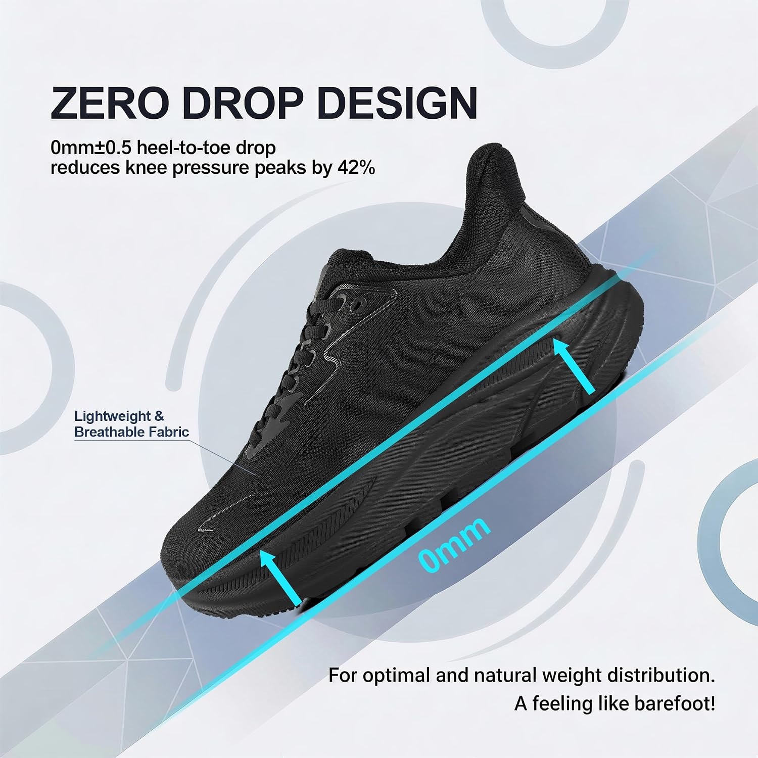 JACKSHIBO Men’s Wide Toe Box Sneakers, Zero Drop Slip On Hands Free with Arch Support, Cushioned Shock Absorption for Gym Cross Training Wide Feet(Allblack)
