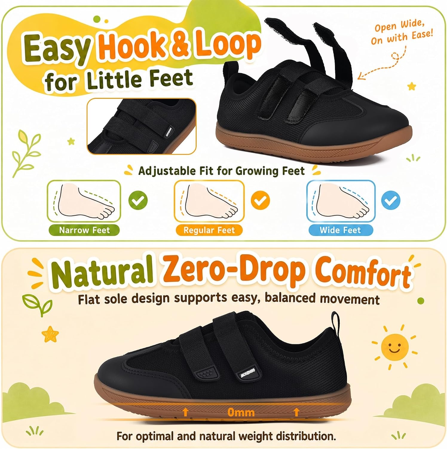 JACKSHIBO Toddler Barefoot Shoes for Boys Wide Toe Box Zero Drop Sneakers | Minimalist, Breathable Mesh, Lightweight, Rubber Sole, Easy On and Off, Flexible, Closed Toe, School, Running Walking Tennis(Barefoot Shoes Black)