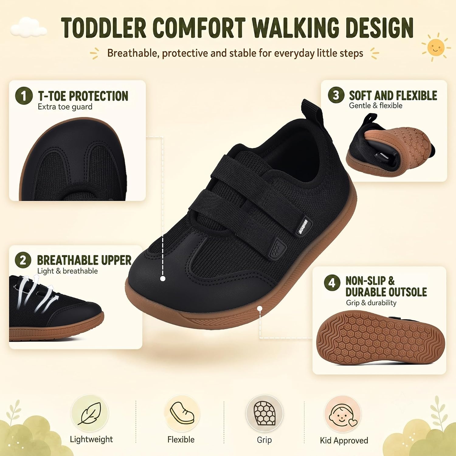 JACKSHIBO Toddler Barefoot Shoes for Boys Wide Toe Box Zero Drop Sneakers | Minimalist, Breathable Mesh, Lightweight, Rubber Sole, Easy On and Off, Flexible, Closed Toe, School, Running Walking Tennis(Barefoot Shoes Black)