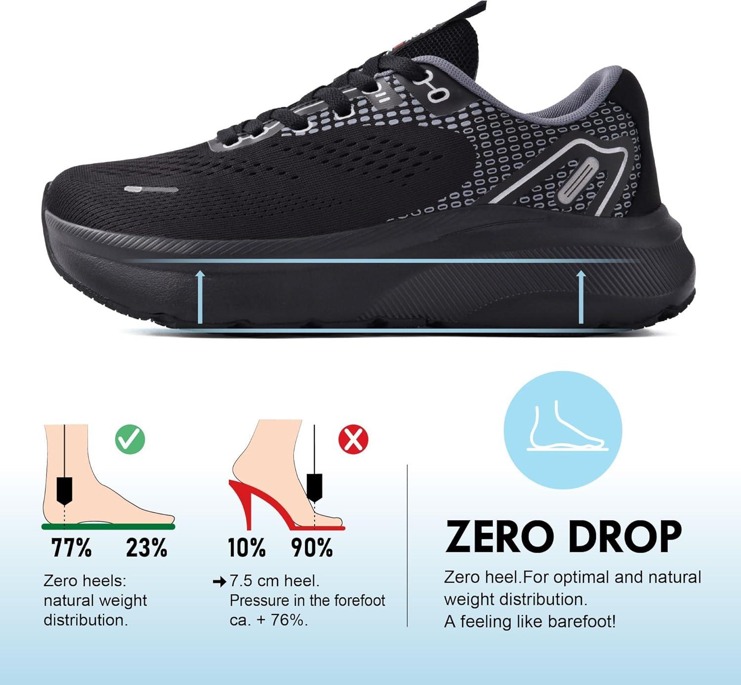 JACKSHIBO Wide Toe Box Shoes Women Arch Support Wide Sneakers for Running Walking Athletic Tennis Orthopedic Plantar Fasciitis Workout with Thick Cushion Zero Drop Sole Width Shoes(Black)