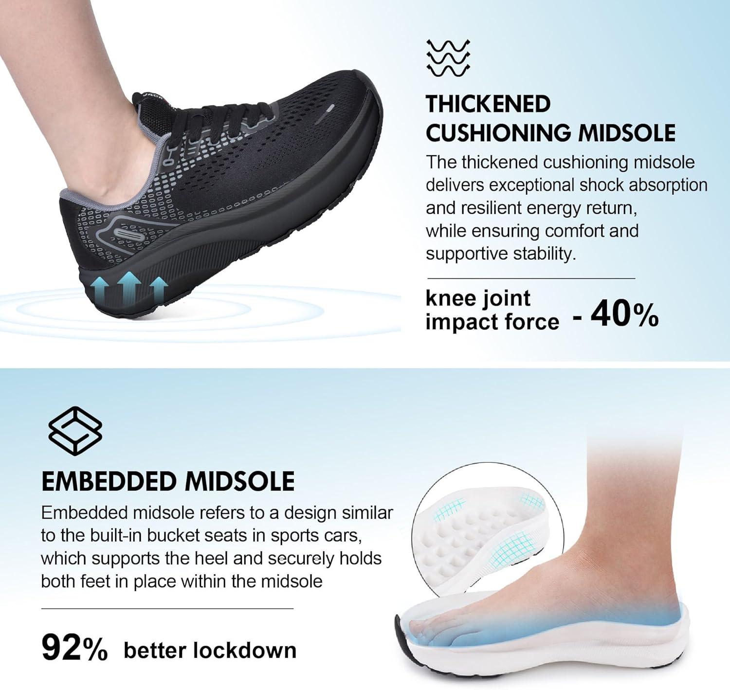 JACKSHIBO Wide Toe Box Shoes Women Arch Support Wide Sneakers for Running Walking Athletic Tennis Orthopedic Plantar Fasciitis Workout with Thick Cushion Zero Drop Sole Width Shoes(Black)