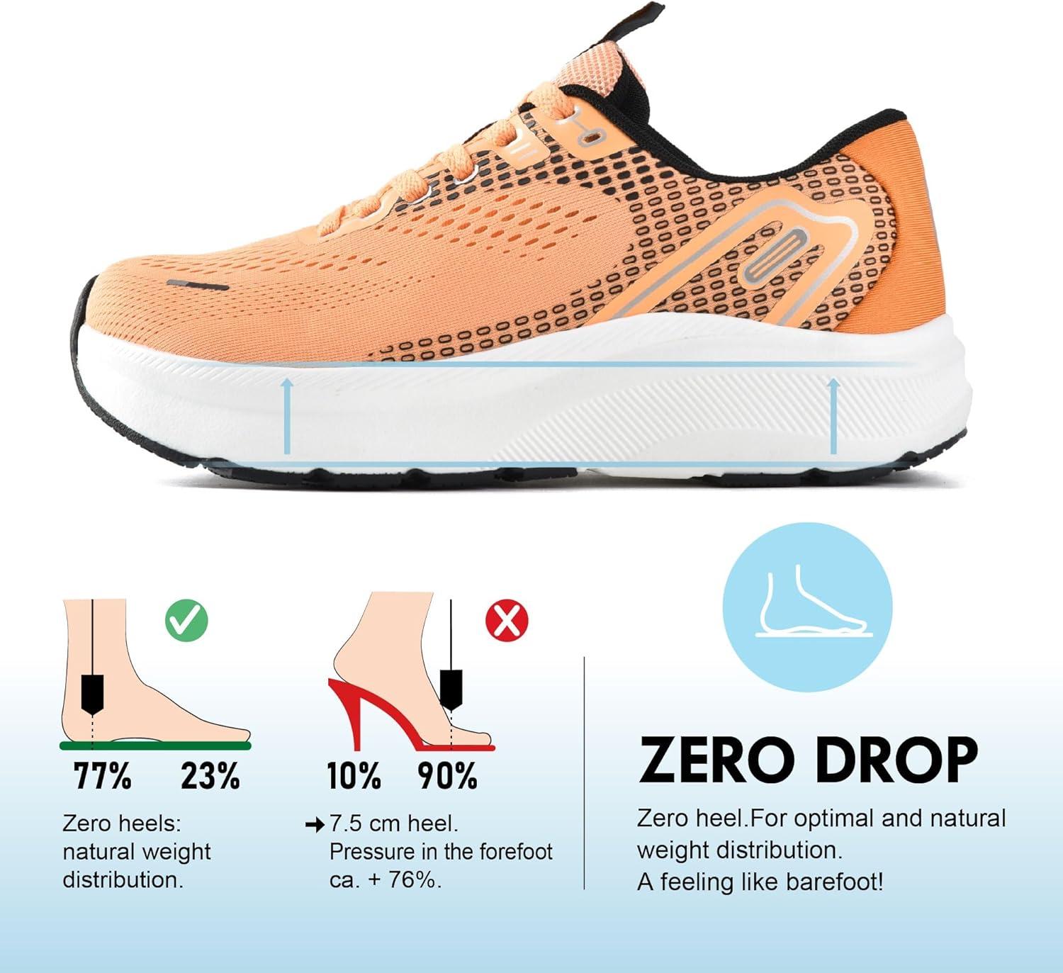 JACKSHIBO Wide Toe Box Shoes Women Arch Support Wide Sneakers for Running Walking Athletic Tennis Orthopedic Plantar Fasciitis Workout with Thick Cushion Zero Drop Sole Width Shoes(Orange)