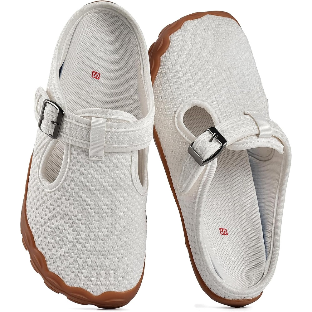 JACKSHIBO Women’s Mesh Mule Clogs Wide Toe Box Arch Support Slippers | Slip on, Closed Toe, Zero Drop, Plantar Fasciitis Orthopedic, Adjustable Buckle, Metatarsal Pads, Indoor Outdoor Backless(Slip on White)