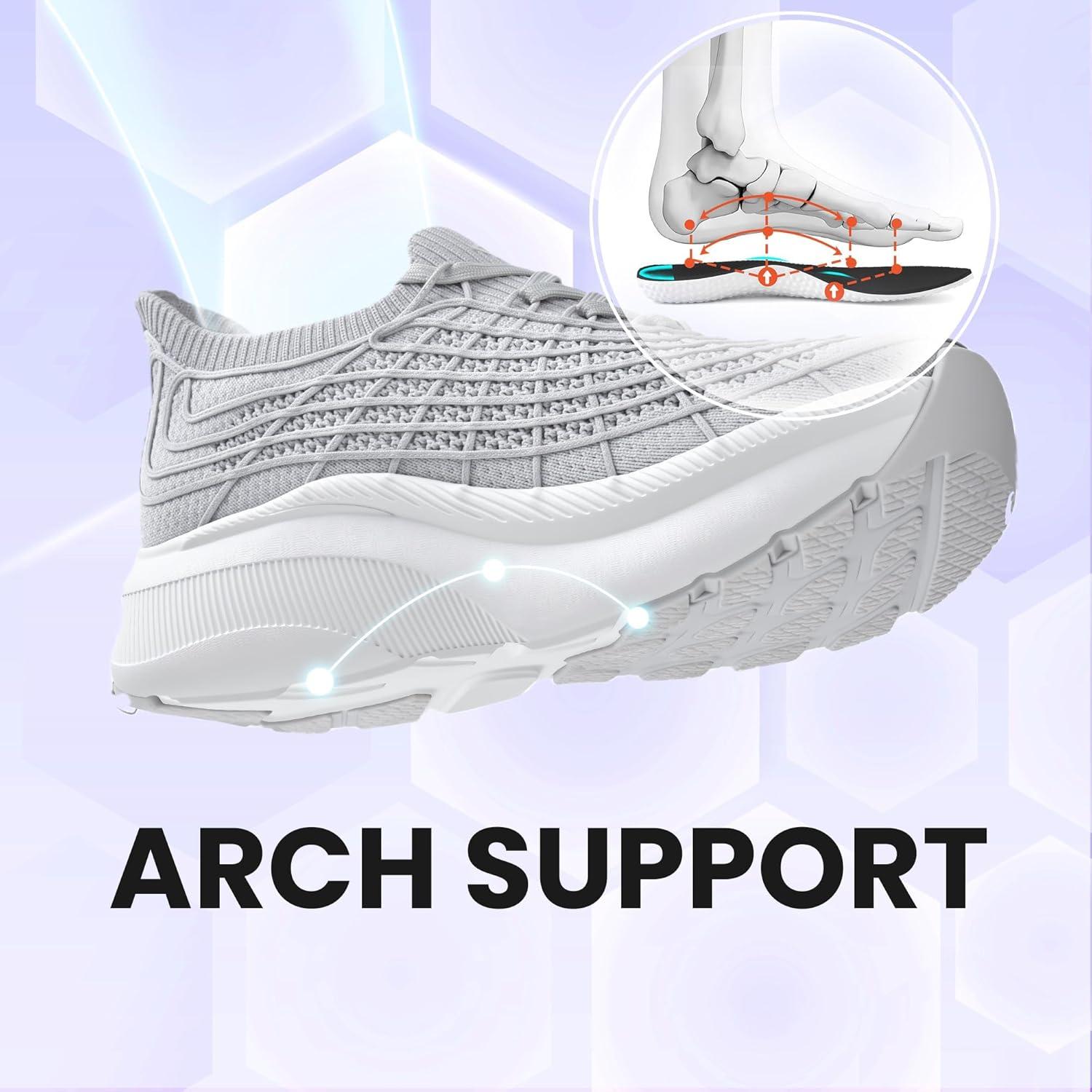 JACKSHIBO Wide Toe Box Shoes Women Slip on Sneakers Slip in Arch Support Plantar Fasciitis Orthopedic for Walking Tennis Athletic Cushion Thick Sole Zero Drop Hands Free Shoes with Metatarsal Pads(Wide Toe Box Grey)