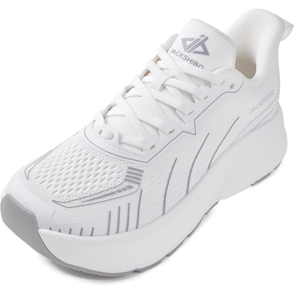 JACKSHIBO Wide Toe Box Shoes Women Slip on Running Athletic Walking Tennis Trail Slip in Sneakers Plantar Fasciitis Orthopedic Ortho Arch Support Hands Free Shoes with Zero Drop Cushion Thick Sole(Wide Toe Box White)