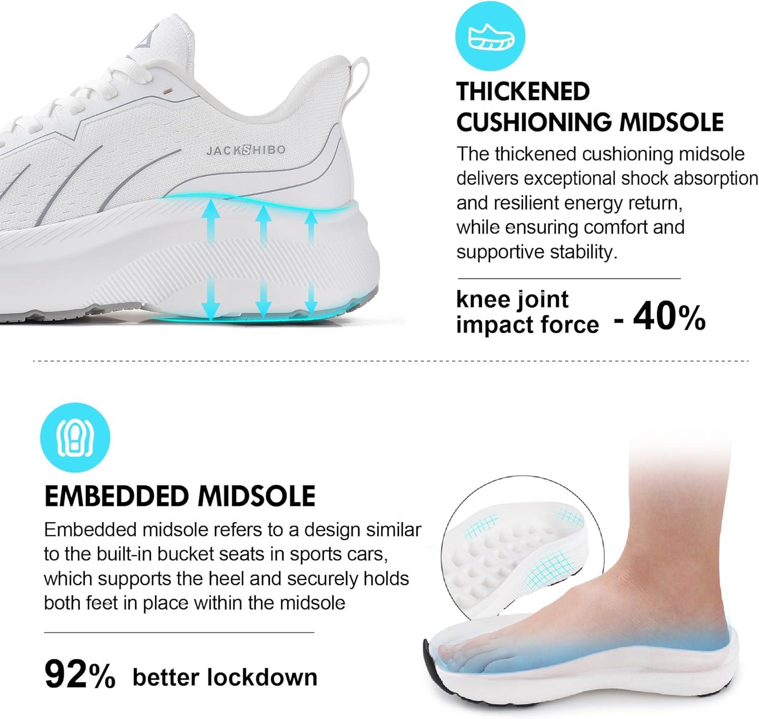 JACKSHIBO Wide Toe Box Shoes Women Slip on Running Athletic Walking Tennis Trail Slip in Sneakers Plantar Fasciitis Orthopedic Ortho Arch Support Hands Free Shoes with Zero Drop Cushion Thick Sole(Wide Toe Box White)