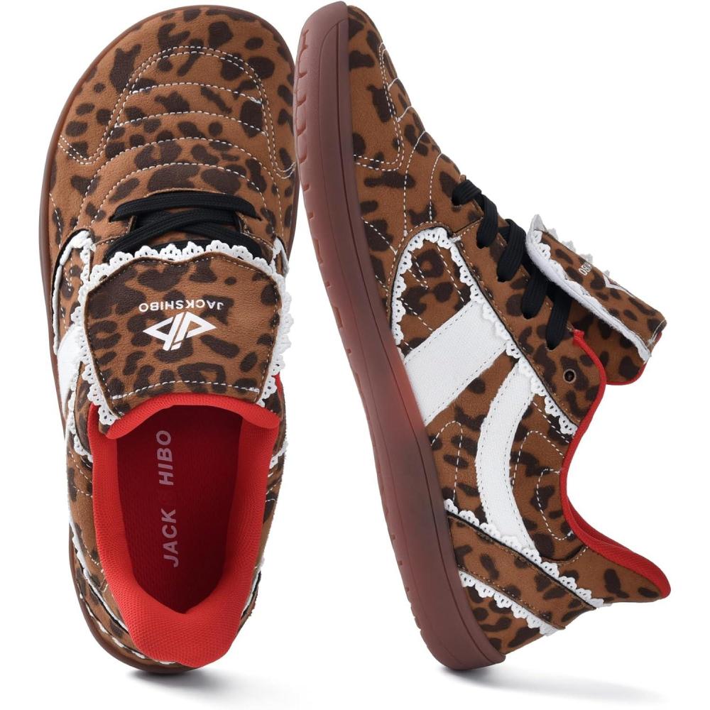 JACKSHIBO Barefoot Shoes Slip in Women Hands Free Wide Toe Box Slip on Ribbon Long Tongue Arch Support Walking Tennis Lace Sneakers for Plantar Fasciitis Orthopedic Zero Drop Gum Sole Minimalist Shoe(Slip on Leopardprint)