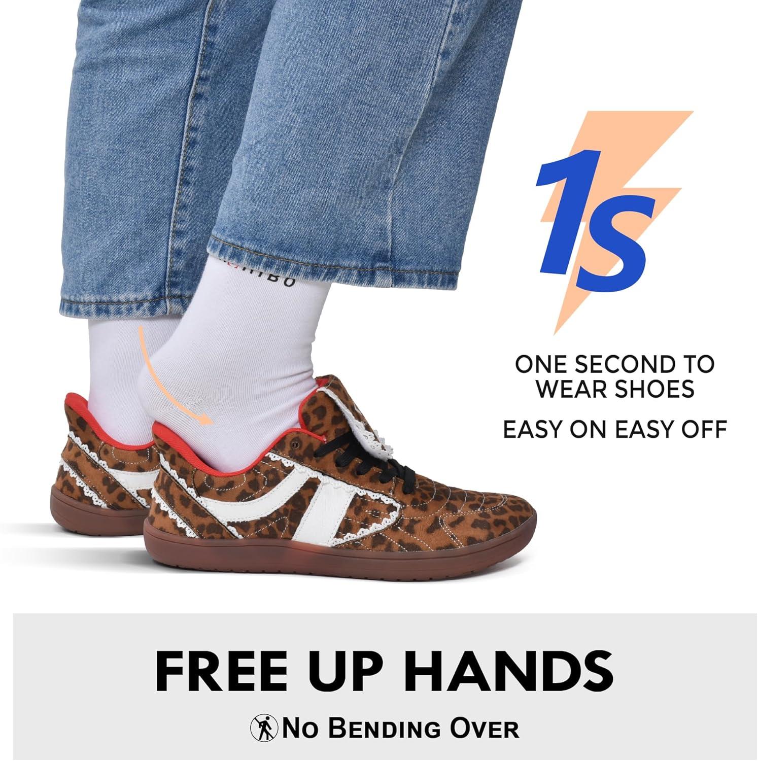 JACKSHIBO Barefoot Shoes Slip in Women Hands Free Wide Toe Box Slip on Ribbon Long Tongue Arch Support Walking Tennis Lace Sneakers for Plantar Fasciitis Orthopedic Zero Drop Gum Sole Minimalist Shoe(Slip on Leopardprint)