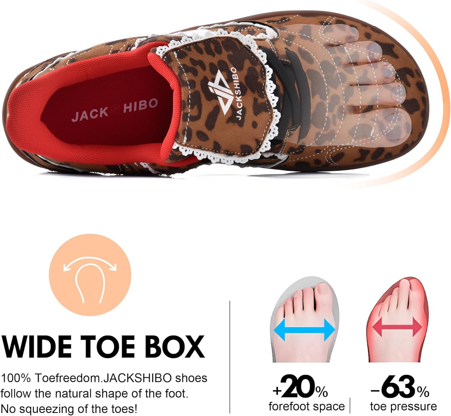 JACKSHIBO Barefoot Shoes Slip in Women Hands Free Wide Toe Box Slip on Ribbon Long Tongue Arch Support Walking Tennis Lace Sneakers for Plantar Fasciitis Orthopedic Zero Drop Gum Sole Minimalist Shoe(Slip on Leopardprint)