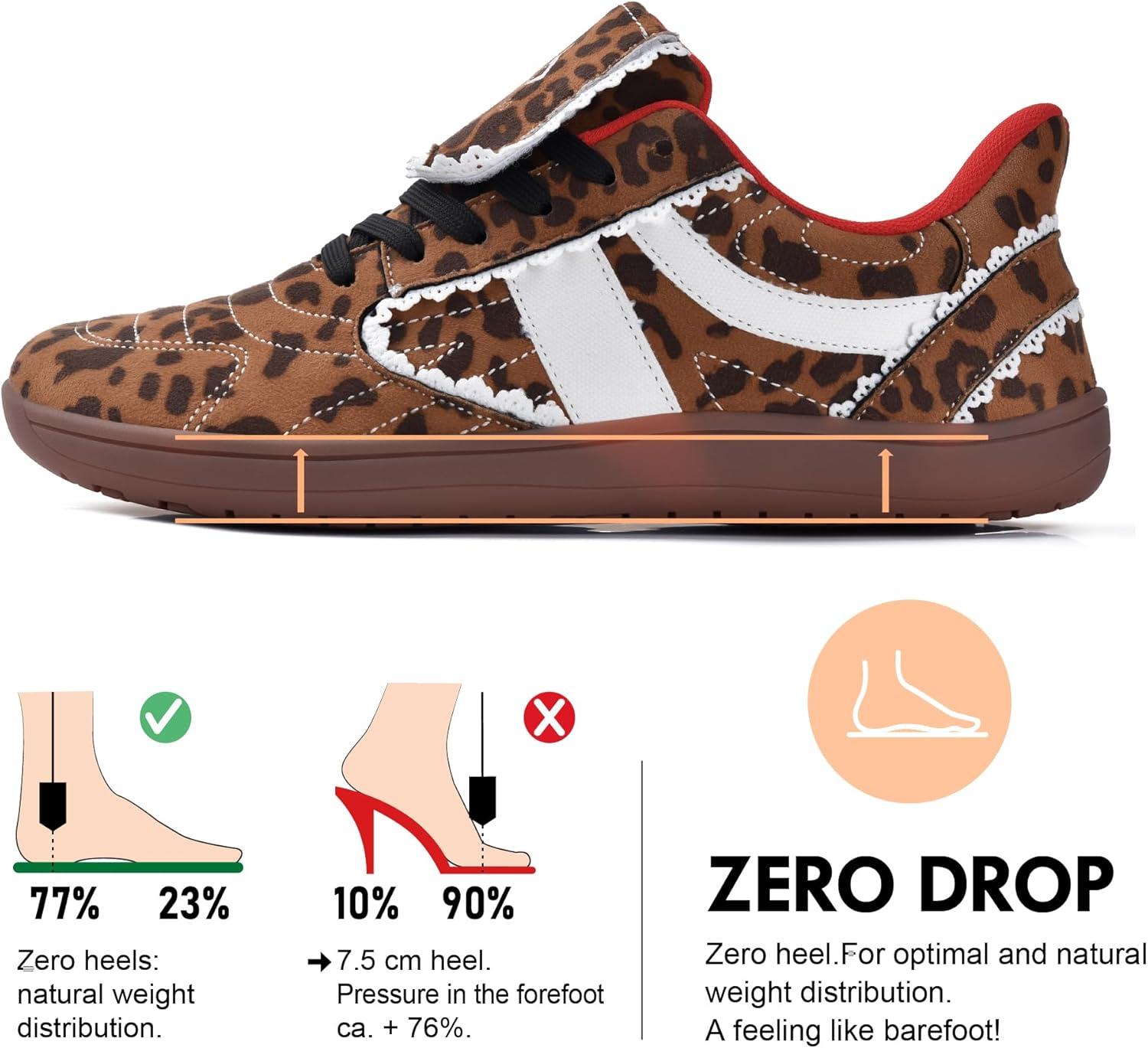 JACKSHIBO Barefoot Shoes Slip in Women Hands Free Wide Toe Box Slip on Ribbon Long Tongue Arch Support Walking Tennis Lace Sneakers for Plantar Fasciitis Orthopedic Zero Drop Gum Sole Minimalist Shoe(Slip on Leopardprint)