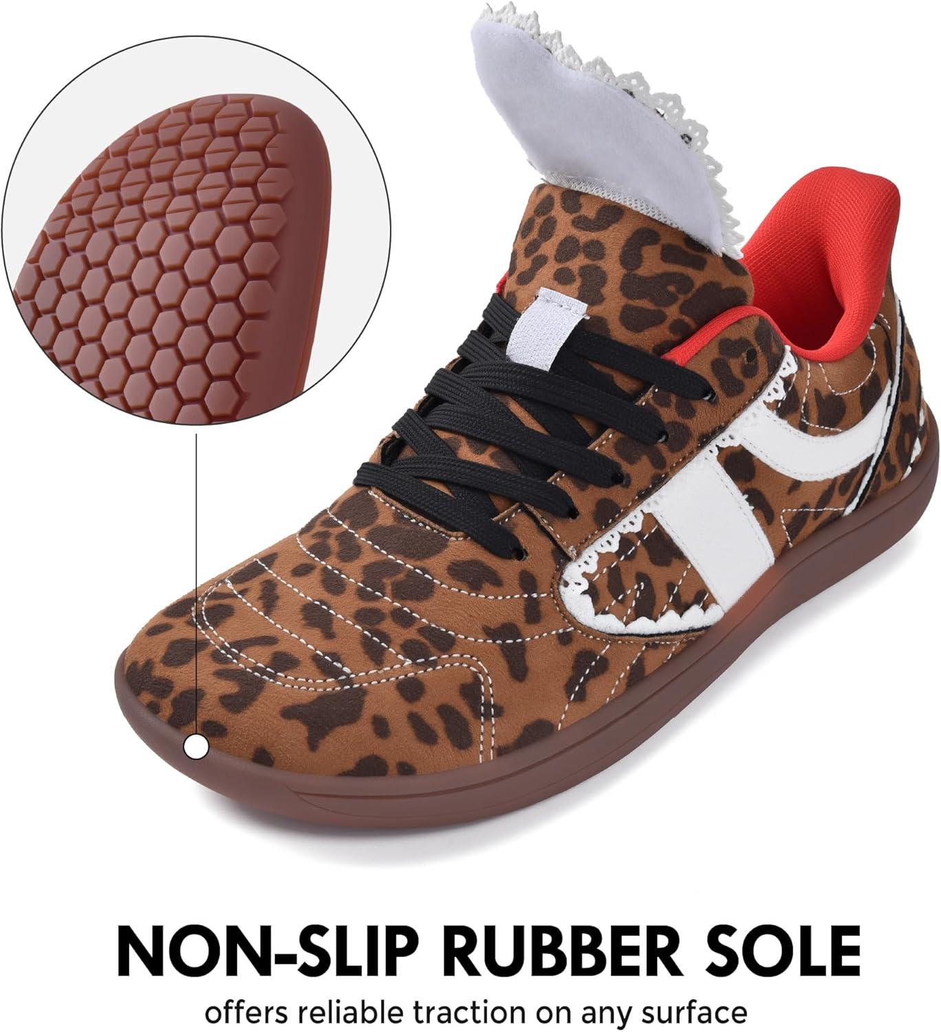 JACKSHIBO Barefoot Shoes Slip in Women Hands Free Wide Toe Box Slip on Ribbon Long Tongue Arch Support Walking Tennis Lace Sneakers for Plantar Fasciitis Orthopedic Zero Drop Gum Sole Minimalist Shoe(Slip on Leopardprint)