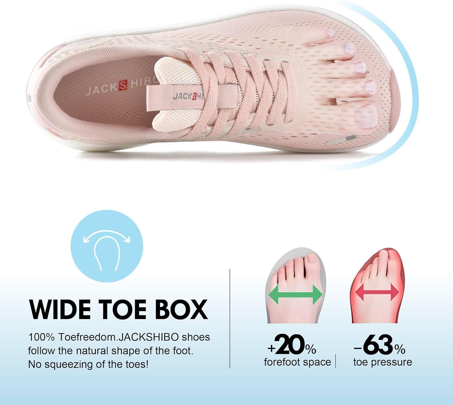 JACKSHIBO Wide Toe Box Shoes Women Arch Support Wide Sneakers for Running Walking Athletic Tennis Orthopedic Plantar Fasciitis Workout with Thick Cushion Zero Drop Sole Width Shoes(Pink)