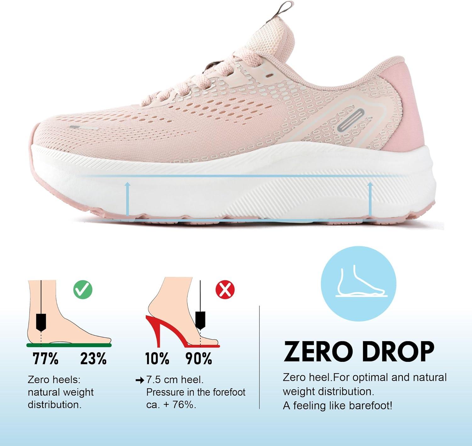 JACKSHIBO Wide Toe Box Shoes Women Arch Support Wide Sneakers for Running Walking Athletic Tennis Orthopedic Plantar Fasciitis Workout with Thick Cushion Zero Drop Sole Width Shoes(Pink)