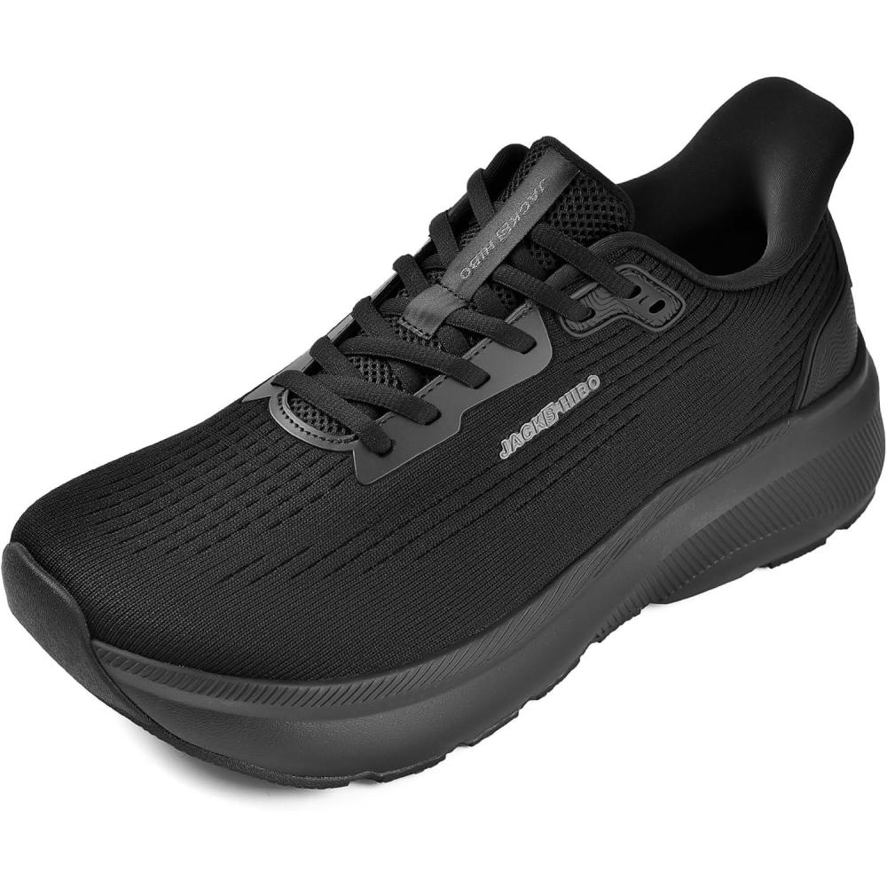 JACKSHIBO Wide Toe Box Shoes Women Slip in Arch Support Slip on Sneakers for Running Walking Athletic Tennis Orthopedic Plantar Fasciitis Thick Cushion Zero Drop Sole Width Hands Free Shoes(Wide Toe Box Black)