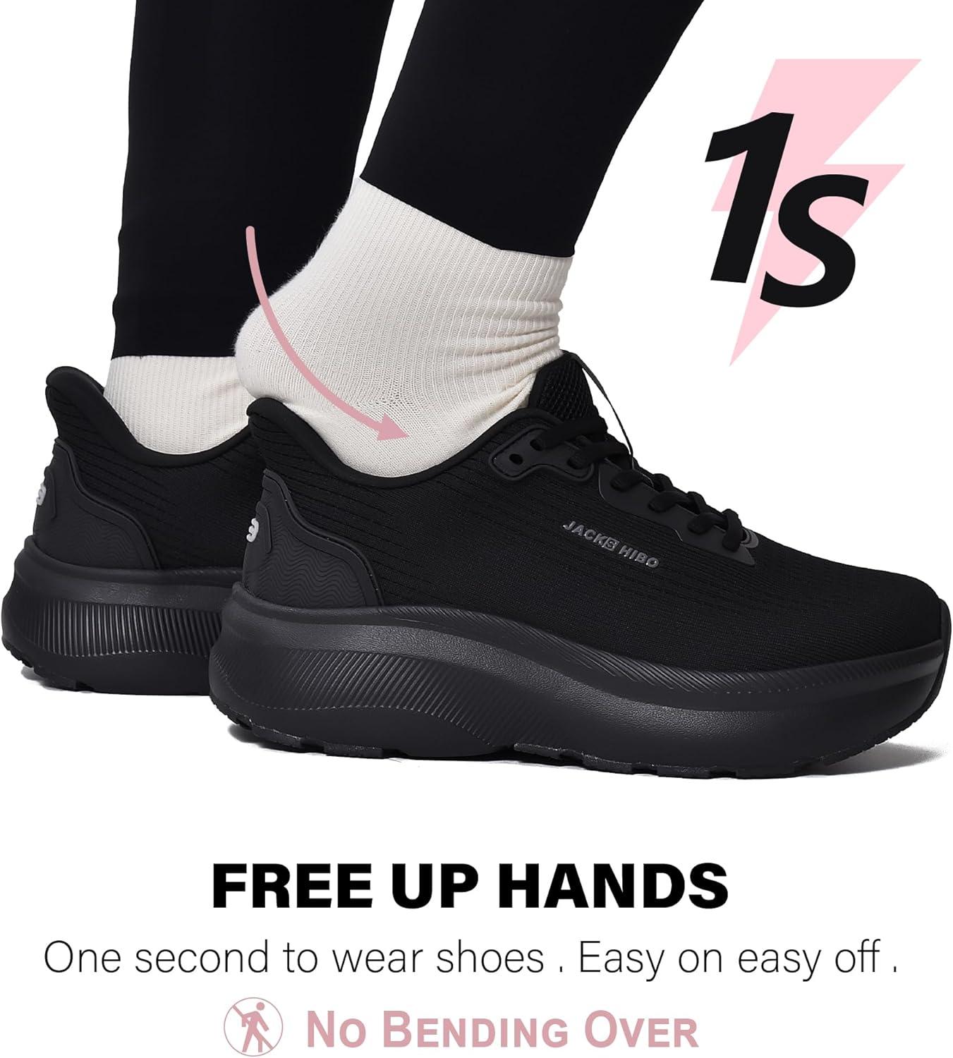 JACKSHIBO Wide Toe Box Shoes Women Slip in Arch Support Slip on Sneakers for Running Walking Athletic Tennis Orthopedic Plantar Fasciitis Thick Cushion Zero Drop Sole Width Hands Free Shoes(Wide Toe Box Black)