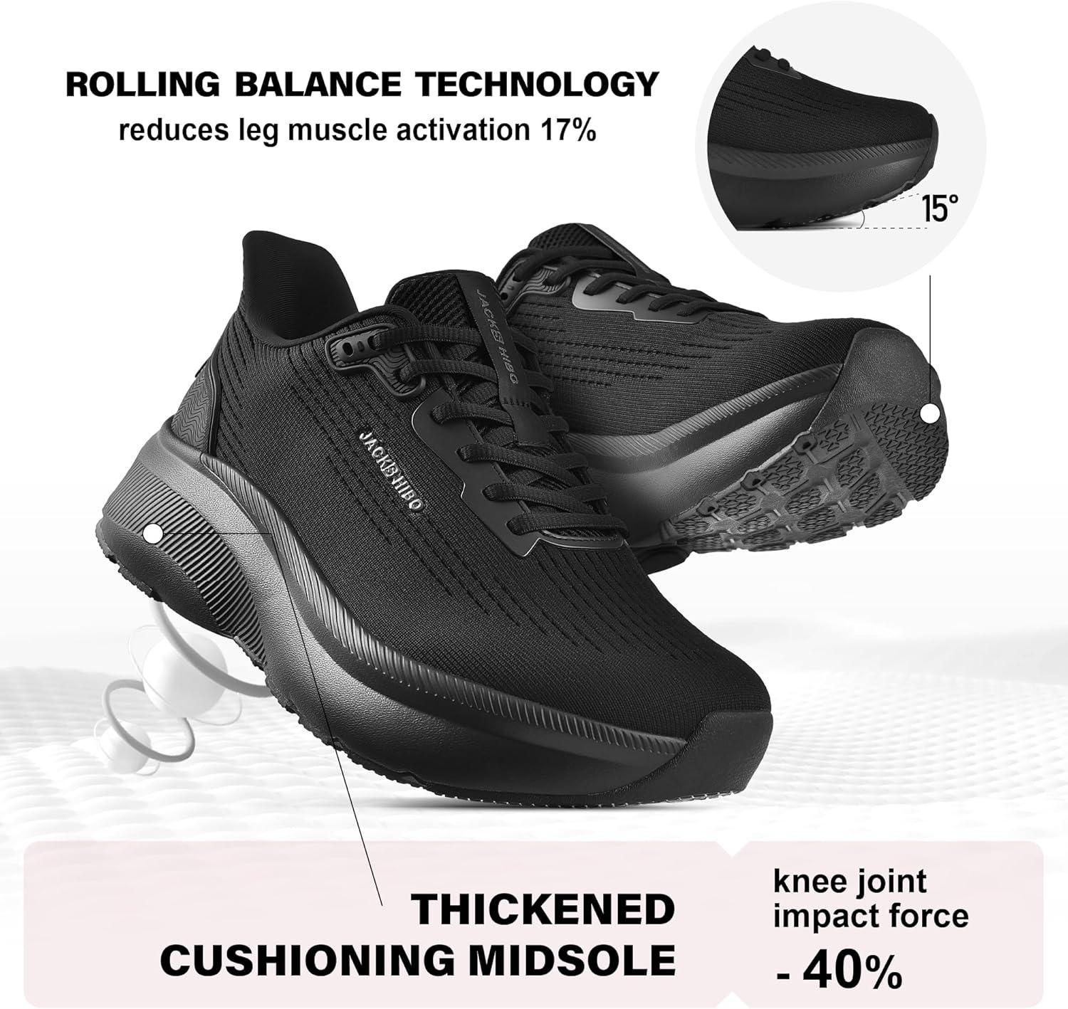 JACKSHIBO Wide Toe Box Shoes Women Slip in Arch Support Slip on Sneakers for Running Walking Athletic Tennis Orthopedic Plantar Fasciitis Thick Cushion Zero Drop Sole Width Hands Free Shoes(Wide Toe Box Black)
