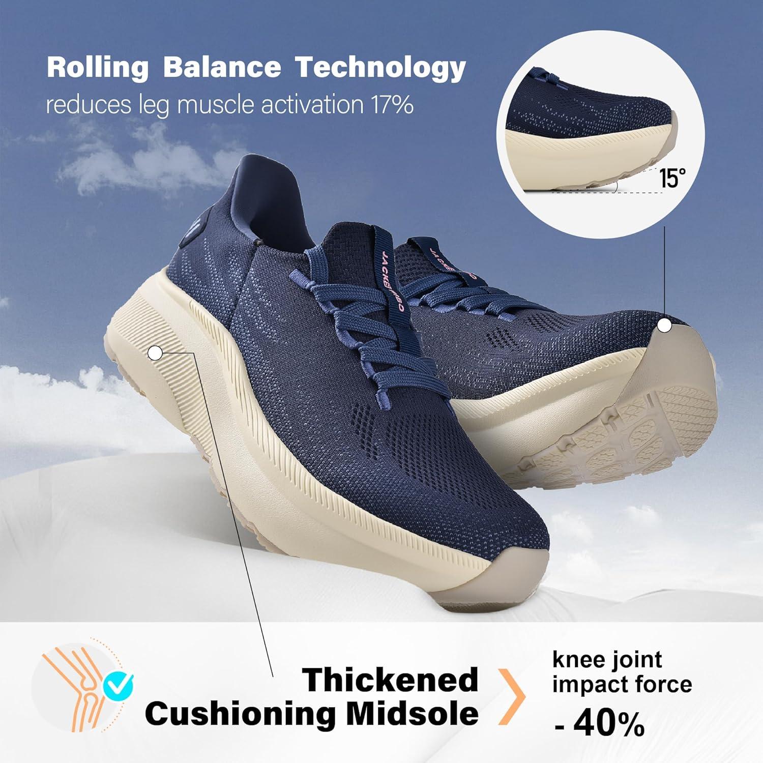JACKSHIBO Slip in Women Hands Free Walking Shoes Wide Toe Box Arch Support with Metatarsal Pads Athletic Tennis Sneakers Slip on Breathable Plantar Fasciitis Orthopedic Thick Cushion Zero Drop Sole(Wide Toe Box Blue)
