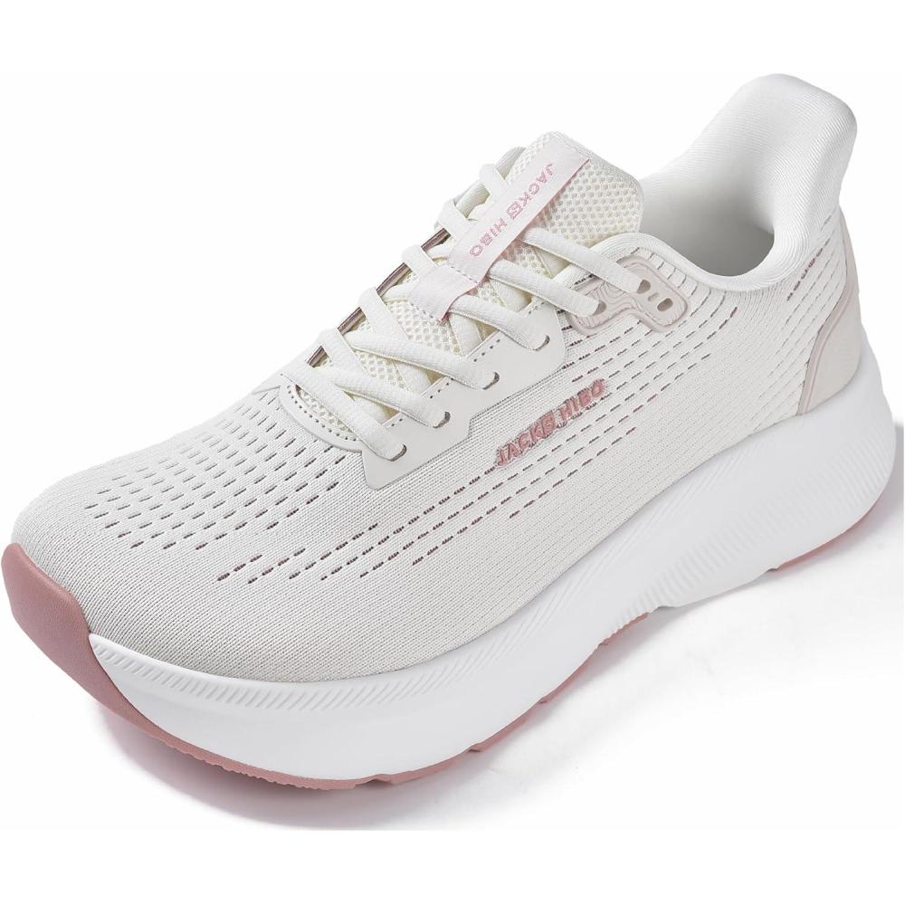 JACKSHIBO Wide Toe Box Shoes Women Slip in Arch Support Slip on Sneakers for Running Walking Athletic Tennis Orthopedic Plantar Fasciitis Thick Cushion Zero Drop Sole Width Hands Free Shoes(Wide Toe Box Almond)