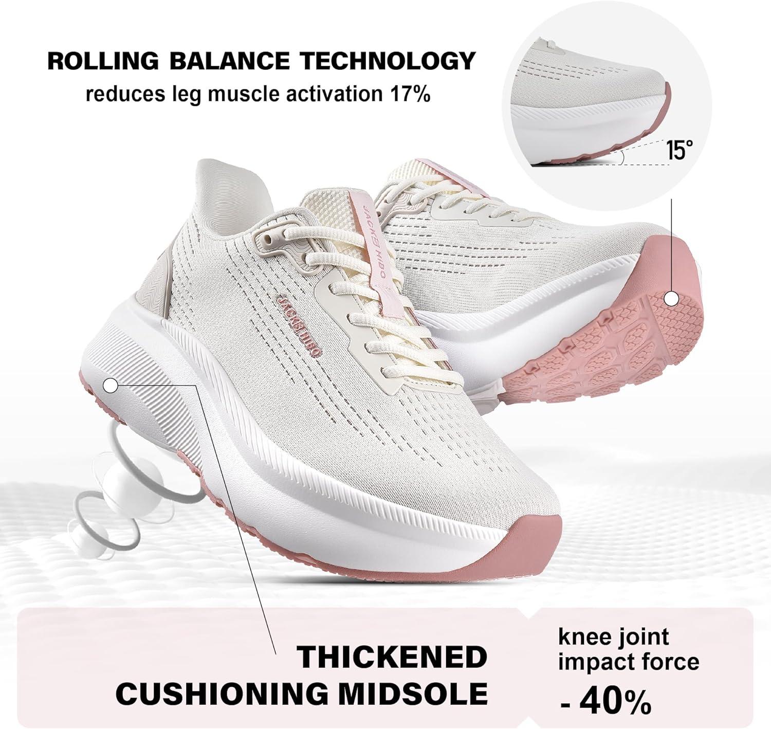 JACKSHIBO Wide Toe Box Shoes Women Slip in Arch Support Slip on Sneakers for Running Walking Athletic Tennis Orthopedic Plantar Fasciitis Thick Cushion Zero Drop Sole Width Hands Free Shoes(Wide Toe Box Almond)
