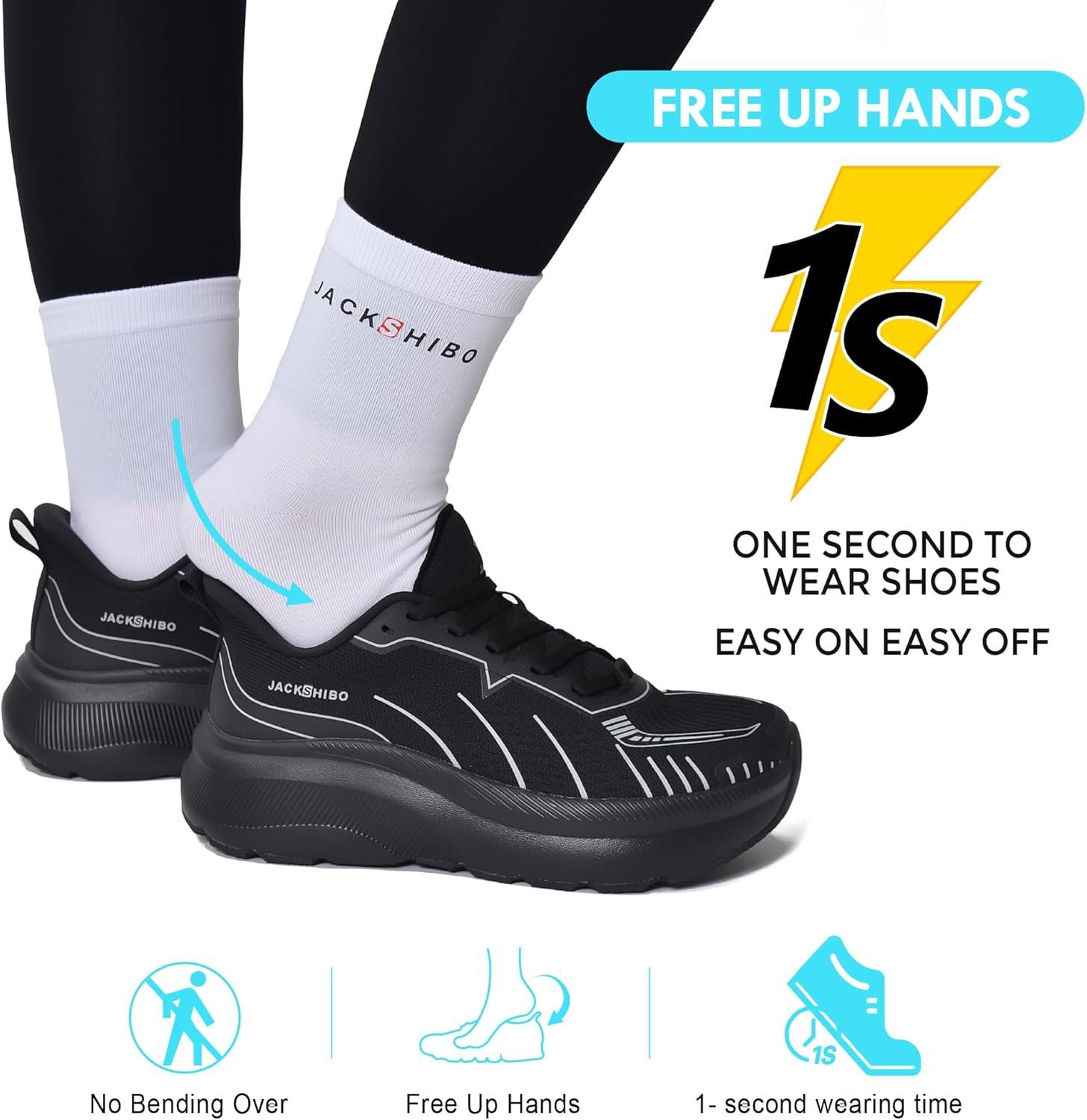JACKSHIBO Wide Toe Box Shoes Women Slip on Running Athletic Walking Tennis Trail Slip in Sneakers Plantar Fasciitis Orthopedic Ortho Arch Support Hands Free Shoes with Zero Drop Cushion Thick Sole(Wide Toe Box Allblack)