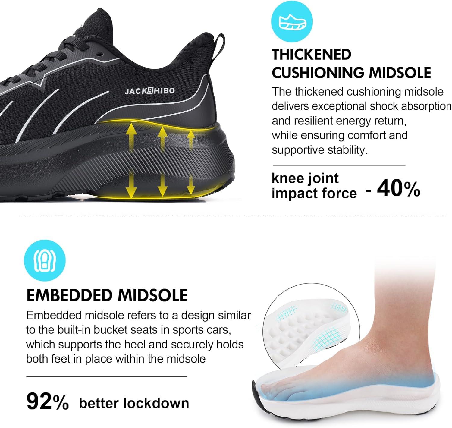 JACKSHIBO Wide Toe Box Shoes Women Slip on Running Athletic Walking Tennis Trail Slip in Sneakers Plantar Fasciitis Orthopedic Ortho Arch Support Hands Free Shoes with Zero Drop Cushion Thick Sole(Wide Toe Box Allblack)