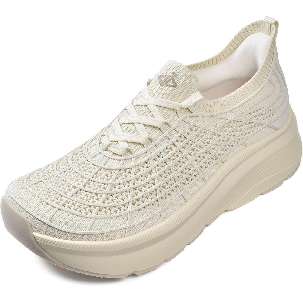 JACKSHIBO Wide Toe Box Shoes Women Slip on Sneakers Slip in Arch Support Plantar Fasciitis Orthopedic for Walking Tennis Athletic Cushion Thick Sole Zero Drop Hands Free Shoes with Metatarsal Pads(Wide Toe Box Beige)