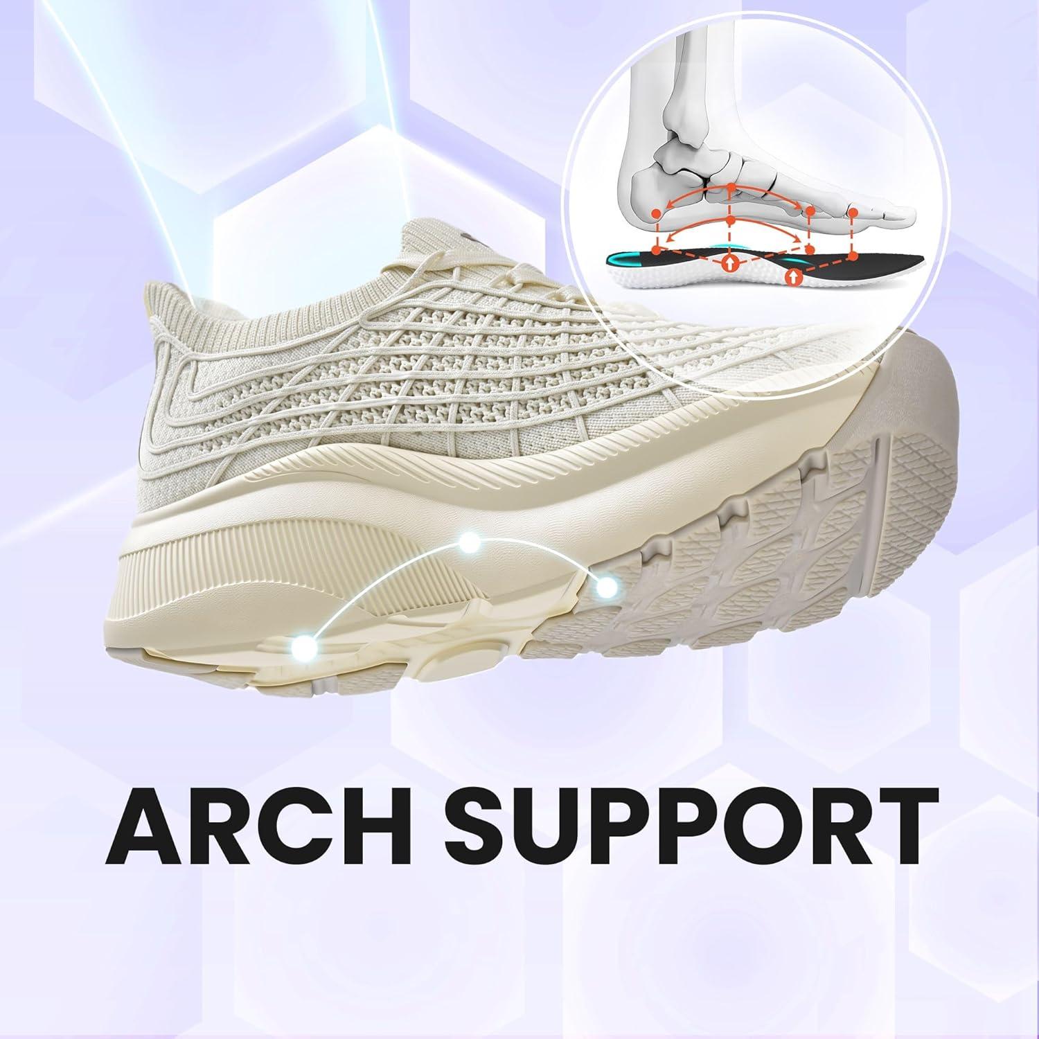 JACKSHIBO Wide Toe Box Shoes Women Slip on Sneakers Slip in Arch Support Plantar Fasciitis Orthopedic for Walking Tennis Athletic Cushion Thick Sole Zero Drop Hands Free Shoes with Metatarsal Pads(Wide Toe Box Beige)