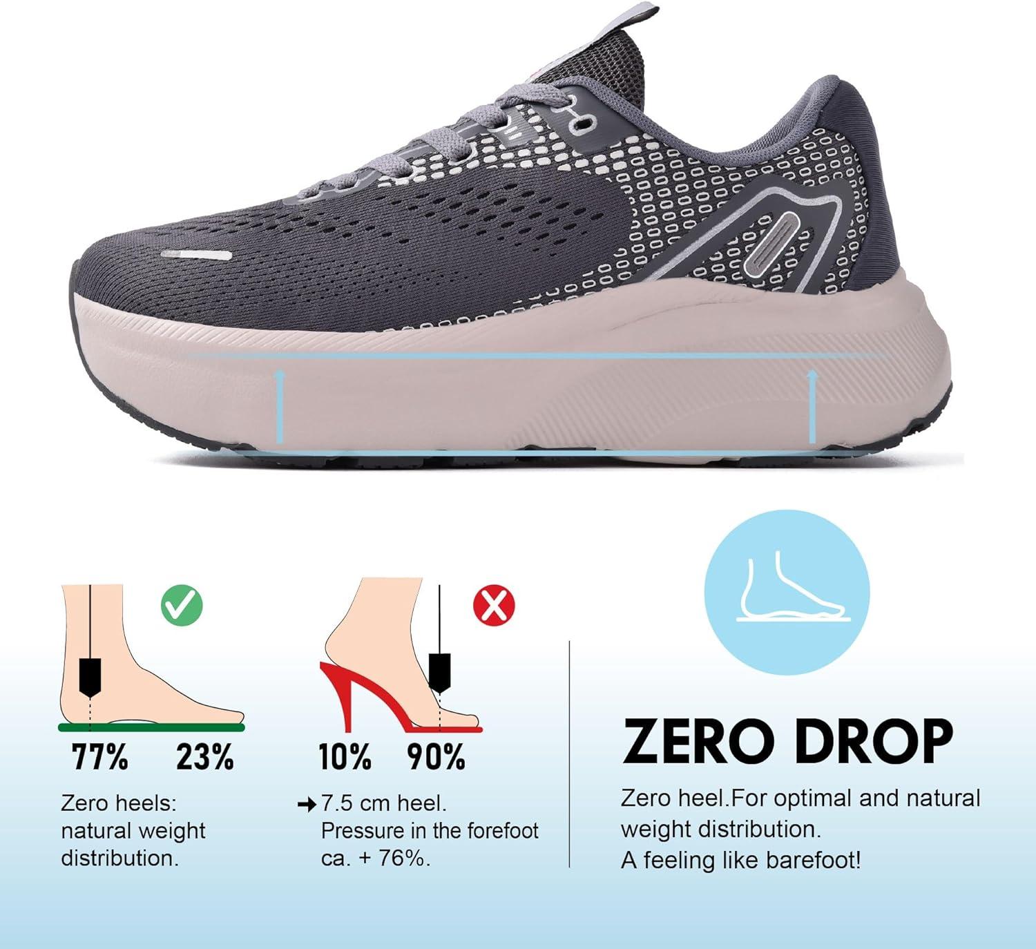 JACKSHIBO Wide Toe Box Shoes Women Arch Support Wide Sneakers for Running Walking Athletic Tennis Orthopedic Plantar Fasciitis Workout with Thick Cushion Zero Drop Sole Width Shoes(Grey)