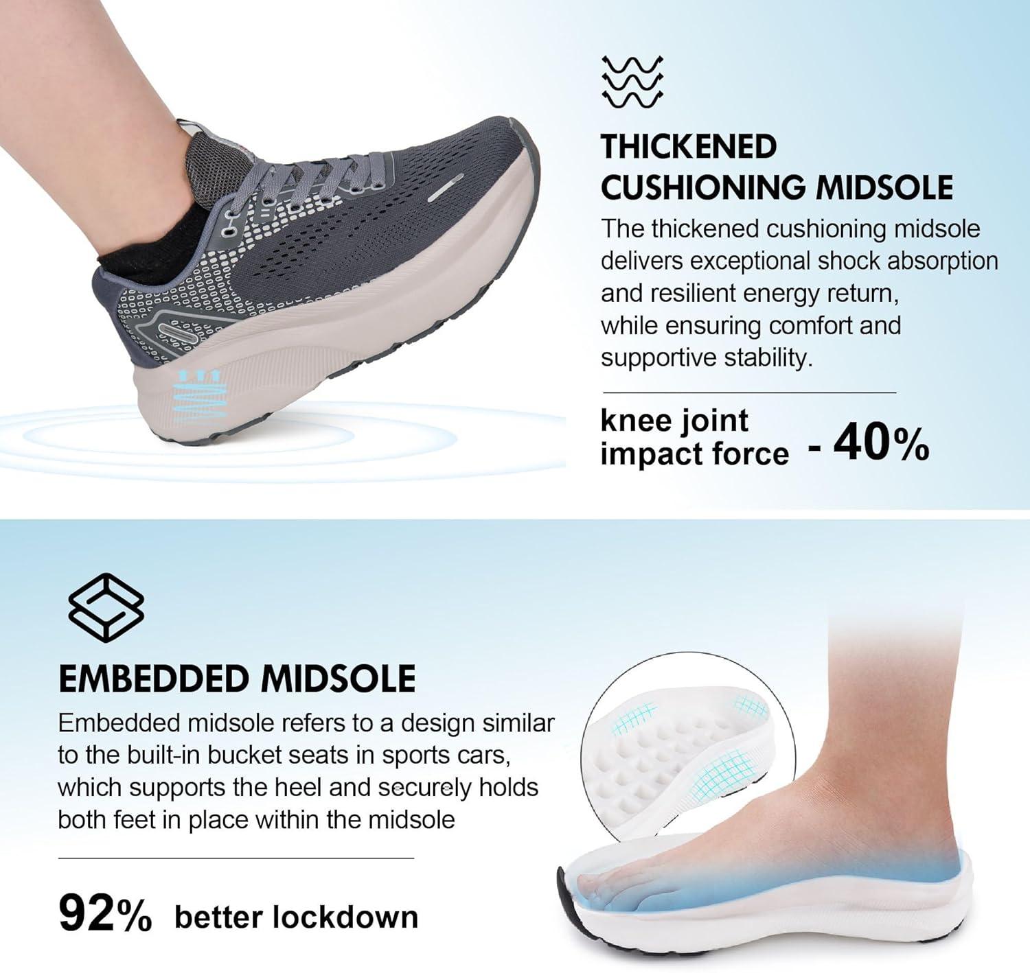 JACKSHIBO Wide Toe Box Shoes Women Arch Support Wide Sneakers for Running Walking Athletic Tennis Orthopedic Plantar Fasciitis Workout with Thick Cushion Zero Drop Sole Width Shoes(Grey)
