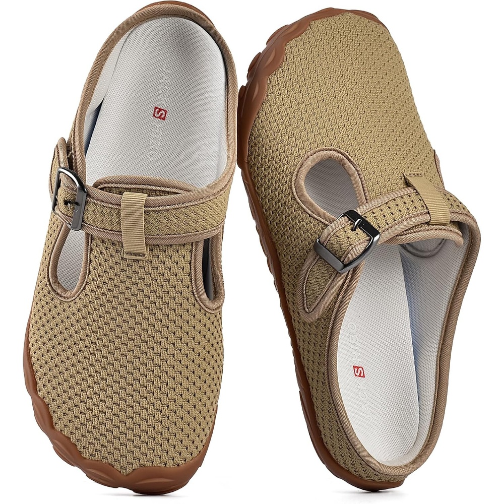 JACKSHIBO Women’s Mesh Mule Clogs Wide Toe Box Arch Support Slippers | Slip on, Closed Toe, Zero Drop, Plantar Fasciitis Orthopedic, Adjustable Buckle, Metatarsal Pads, Indoor Outdoor Backless(Slip on Brown)