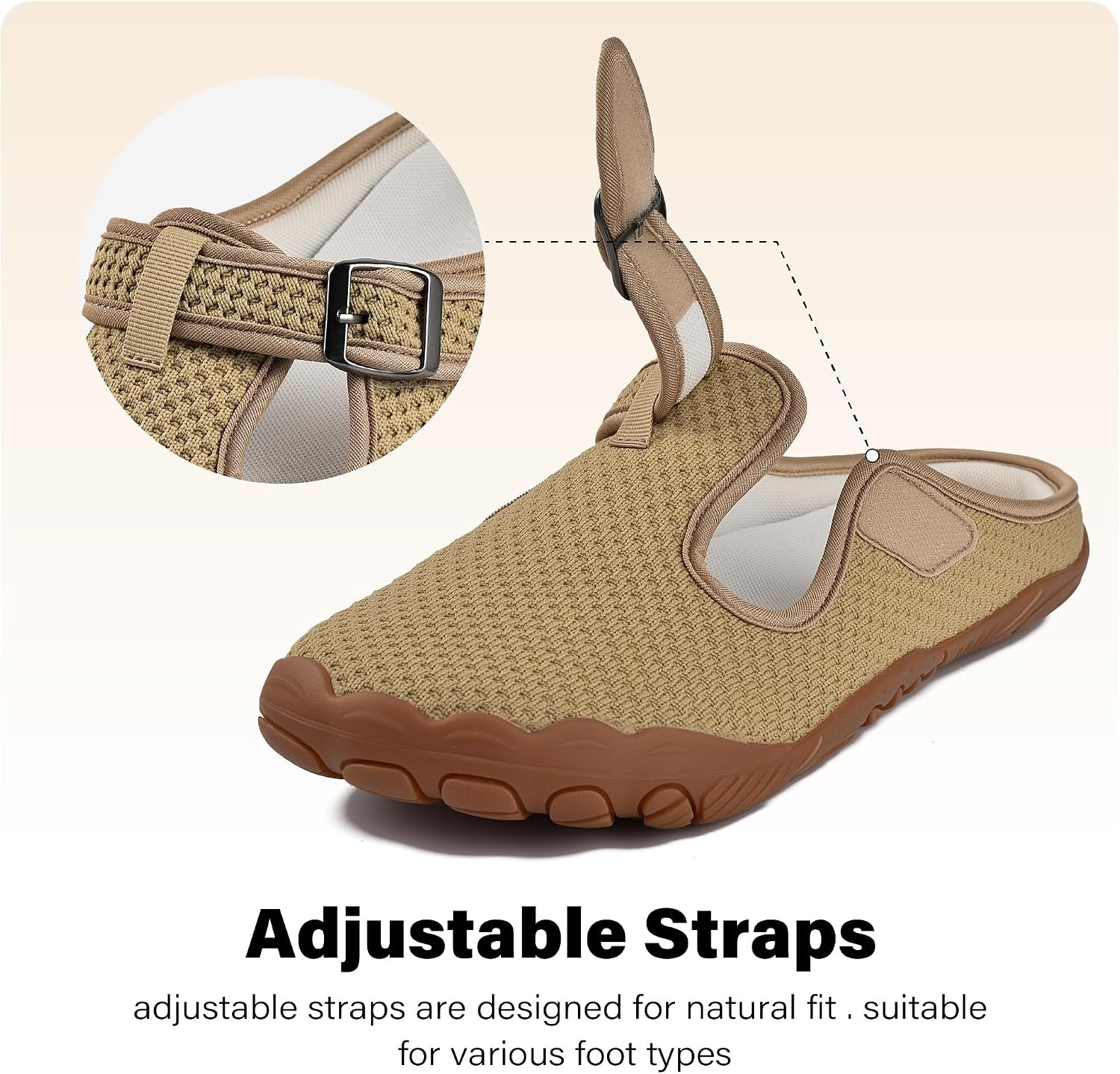 JACKSHIBO Women’s Mesh Mule Clogs Wide Toe Box Arch Support Slippers | Slip on, Closed Toe, Zero Drop, Plantar Fasciitis Orthopedic, Adjustable Buckle, Metatarsal Pads, Indoor Outdoor Backless(Slip on Brown)