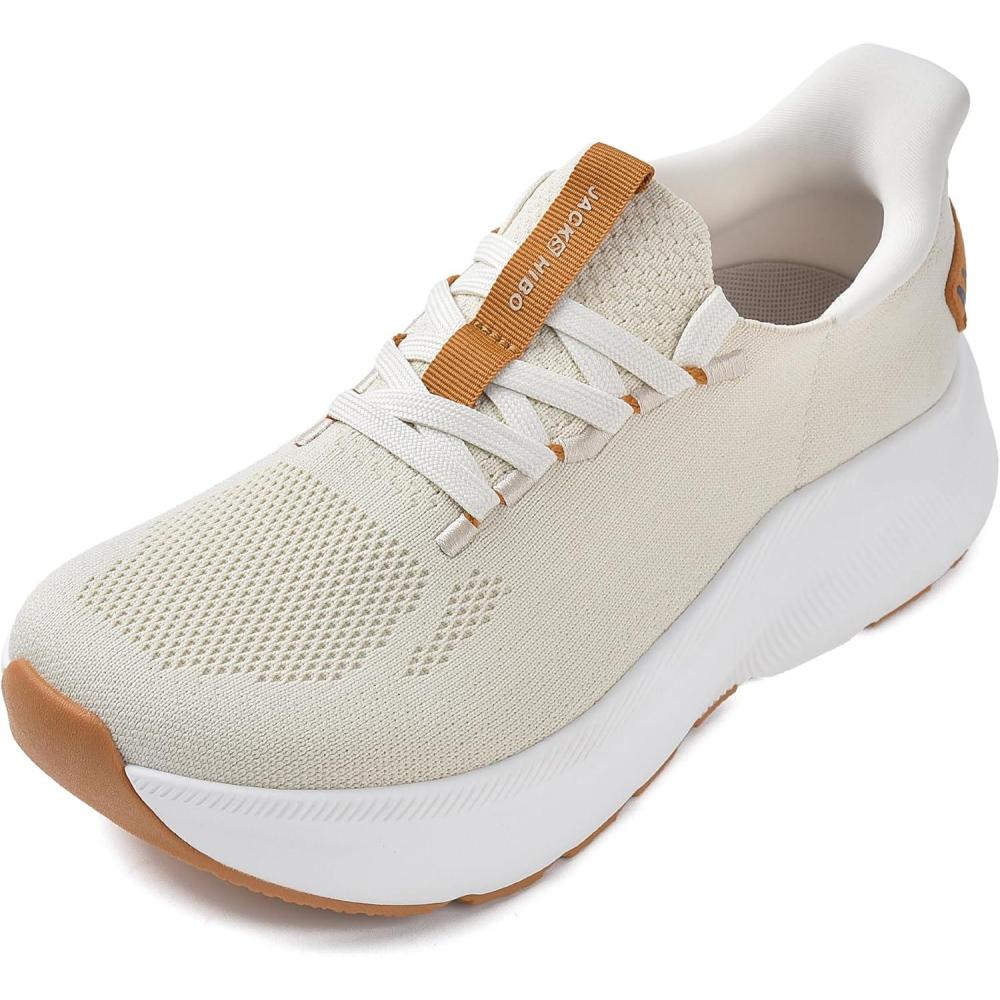 JACKSHIBO Slip in Women Hands Free Walking Shoes Wide Toe Box Arch Support with Metatarsal Pads Athletic Tennis Sneakers Slip on Breathable Plantar Fasciitis Orthopedic Thick Cushion Zero Drop Sole(Wide Toe Box Tan)