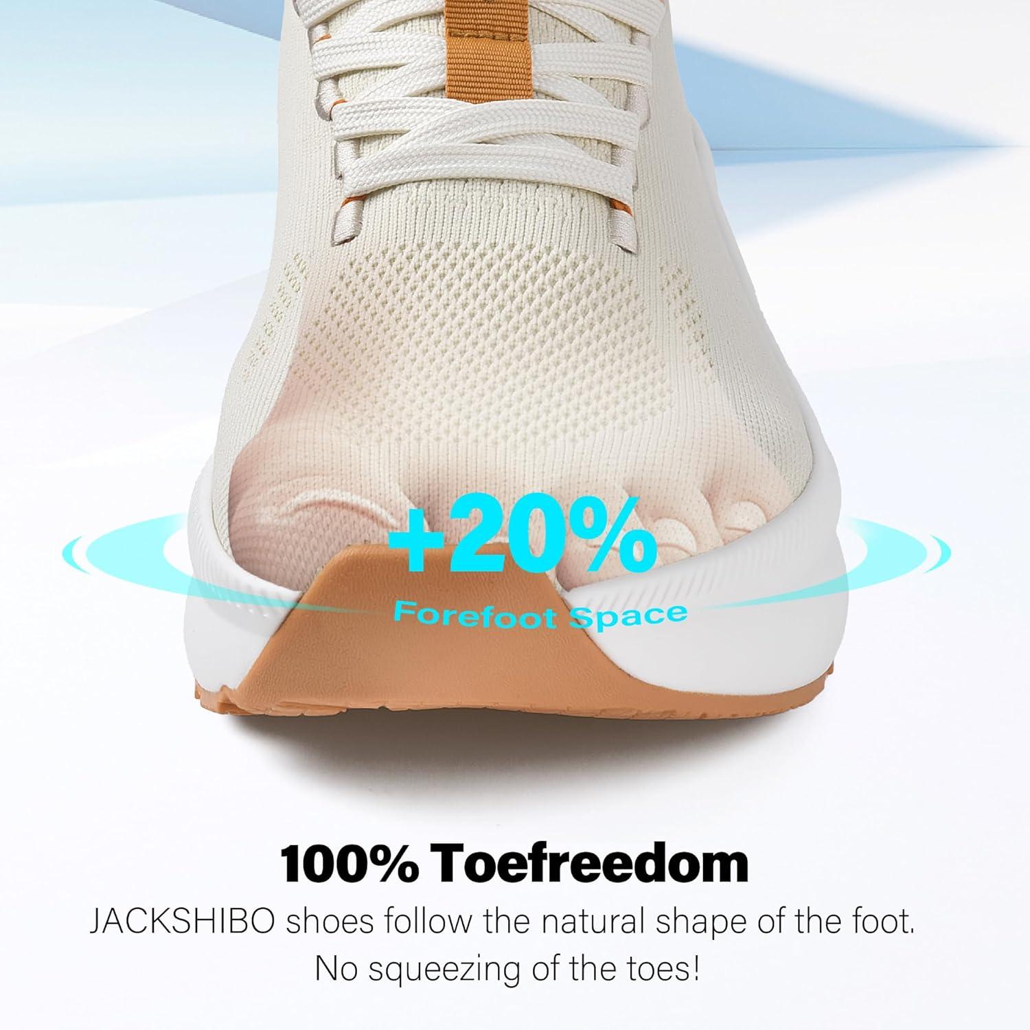 JACKSHIBO Slip in Women Hands Free Walking Shoes Wide Toe Box Arch Support with Metatarsal Pads Athletic Tennis Sneakers Slip on Breathable Plantar Fasciitis Orthopedic Thick Cushion Zero Drop Sole(Wide Toe Box Tan)