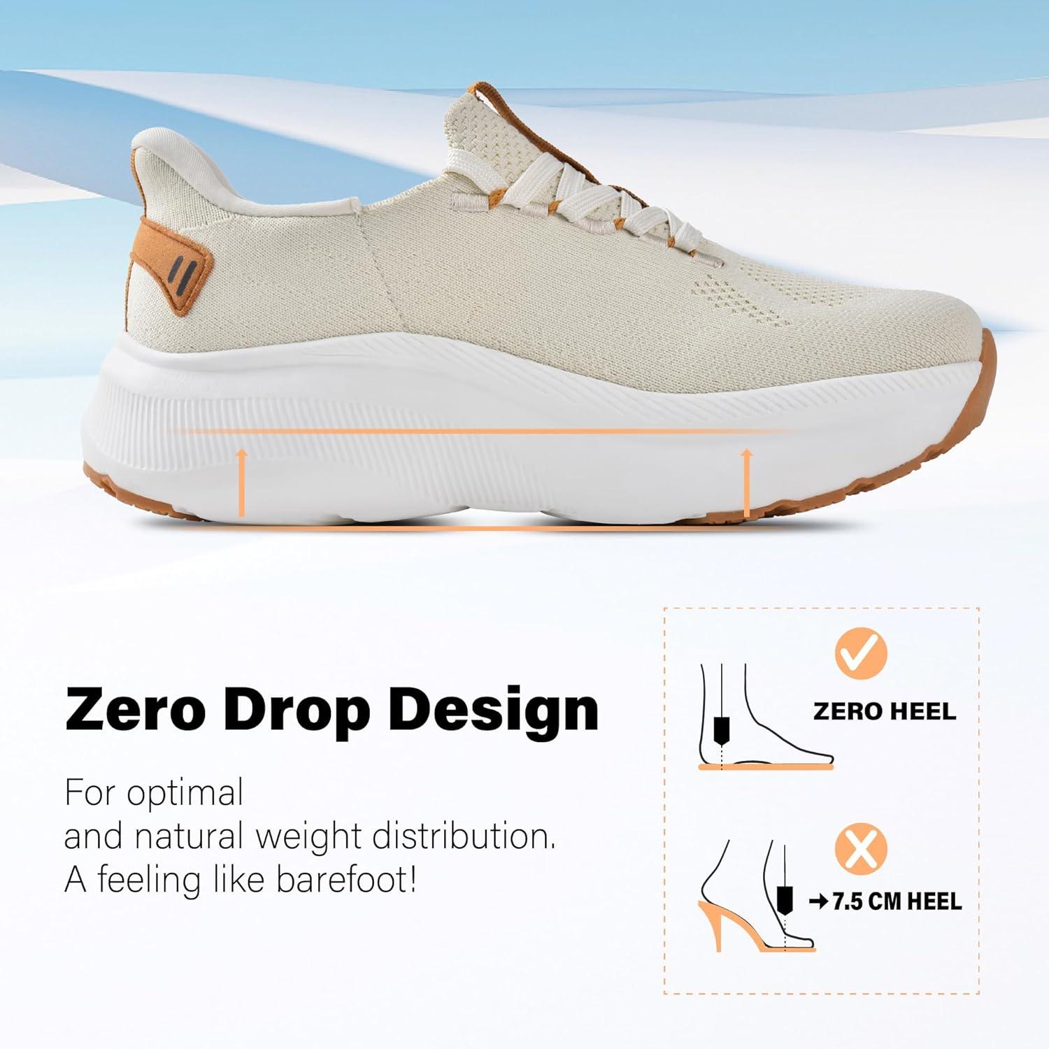 JACKSHIBO Slip in Women Hands Free Walking Shoes Wide Toe Box Arch Support with Metatarsal Pads Athletic Tennis Sneakers Slip on Breathable Plantar Fasciitis Orthopedic Thick Cushion Zero Drop Sole(Wide Toe Box Tan)