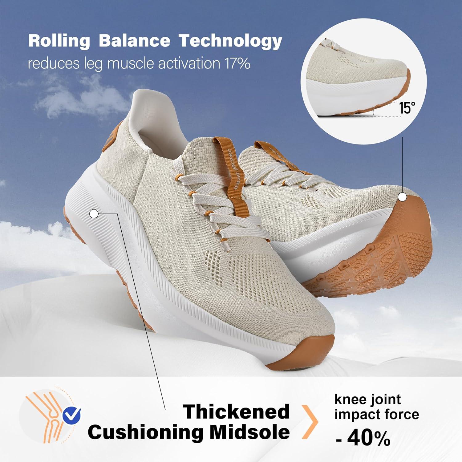JACKSHIBO Slip in Women Hands Free Walking Shoes Wide Toe Box Arch Support with Metatarsal Pads Athletic Tennis Sneakers Slip on Breathable Plantar Fasciitis Orthopedic Thick Cushion Zero Drop Sole(Wide Toe Box Tan)