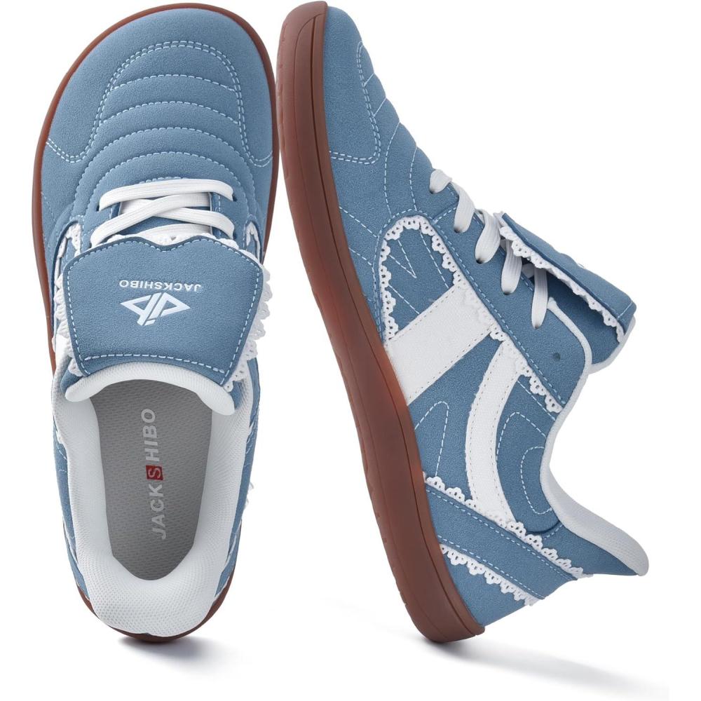 JACKSHIBO Barefoot Shoes Slip in Women Hands Free Wide Toe Box Slip on Ribbon Long Tongue Arch Support Walking Tennis Lace Sneakers for Plantar Fasciitis Orthopedic Zero Drop Gum Sole Minimalist Shoe(Slip on Denimblue)