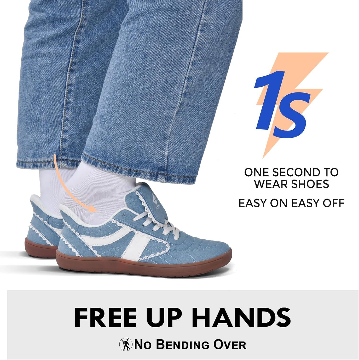 JACKSHIBO Barefoot Shoes Slip in Women Hands Free Wide Toe Box Slip on Ribbon Long Tongue Arch Support Walking Tennis Lace Sneakers for Plantar Fasciitis Orthopedic Zero Drop Gum Sole Minimalist Shoe(Slip on Denimblue)